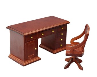 study table for home 1 SET Wooden Desk Writing Study Desk Computer Chair School Desk Furniture Model Toy Dollhouse Decor