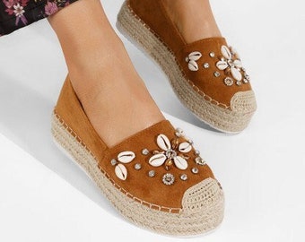 Handmade Brown espadrilles with shells Brown platform espadrilles Fabric espadrilles Summer shoes Ethnic espadrilles Shell espadrilles