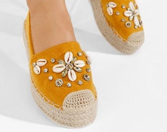 Handmade Yellow espadrilles with shells Yellow platform espadrilles Fabric espadrilles Summer shoes Shell espadrilles Every day shoes