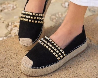 Handmade Black espadrilles with truks Black platform espadrilles Fabric espadrilles Summer shoes Modern black espadrilles