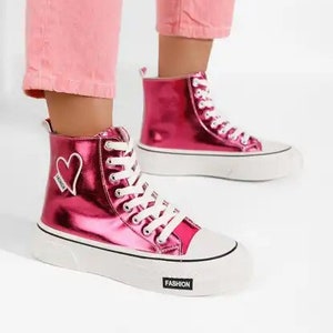 Ecological Leather Pink Platform Sneakers With White Hearts Pink ...