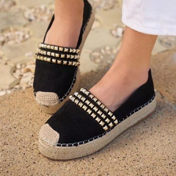 Handgefertigte Schwarze Espadrilles mit Akzenten Schwarze Plateau Espadrilles Stoff Espadrilles Sommer Schuhe Moderne schwarze Espadrilles