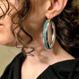 Handmade Silver hoops, Statement earrings, Oversized hoops, turquoise crystal hoops, Chic hoops, Shiny silver hoops, Wide silver hoops