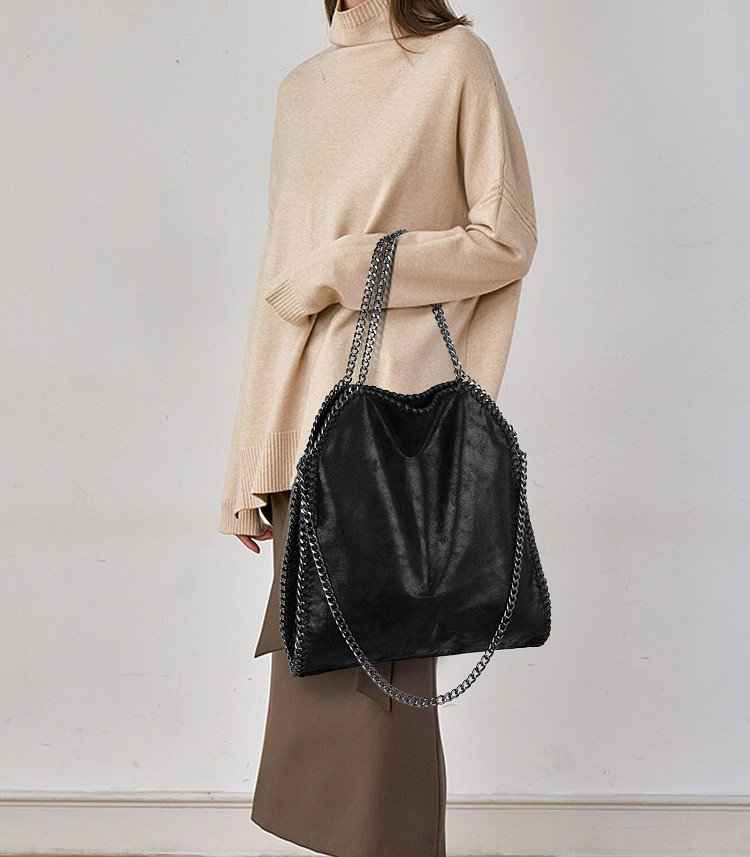 Ecological Leather Big Black Bag With Chains Woman Black Bag Etsy