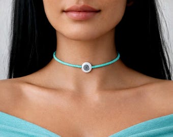 Collana girocollo con perline di turchese fatte a mano, decorazione a conchiglia, collana estiva boho