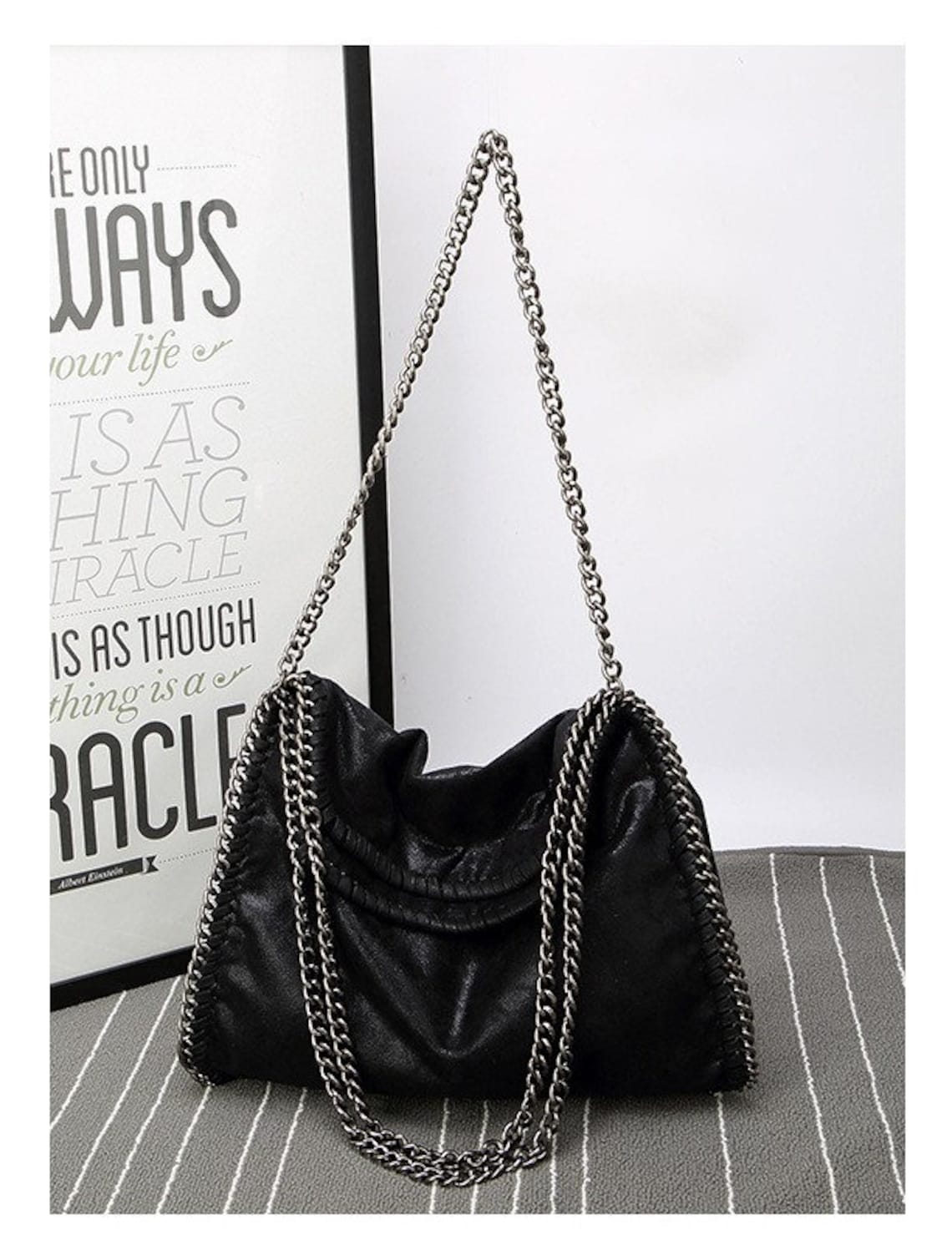 Ecological Leather Big Black Bag With Chains Woman Black Bag Etsy