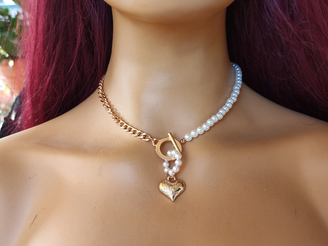 Pearl Chain Pendant Heart Pearl Necklace Elegand Pearl Necklace Gold
