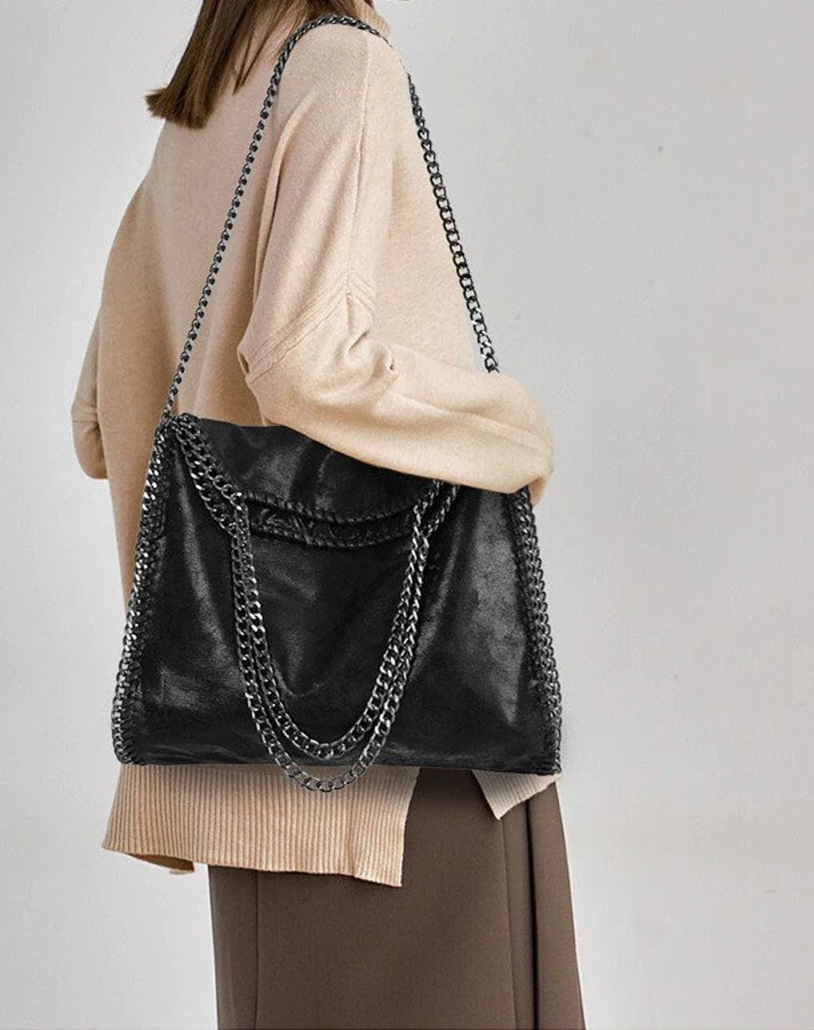 Ecological Leather Big Black Bag With Chains Woman Black Bag Etsy