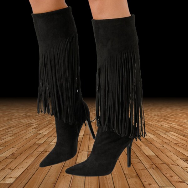 Black suede boots Chic black boots with fringes Modern black high heel suede boots Elegant black boots Boho purple suede boots