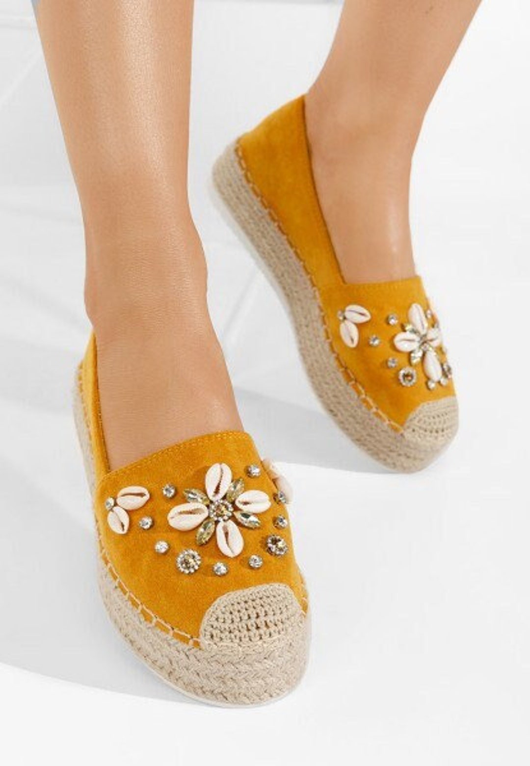 Yellow Espadrilles With Shells Yellow Platform Espadrilles Fabric Espadrilles Summer Shoes Shell