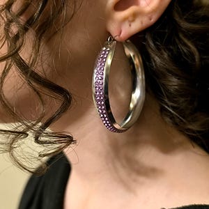 Handmade Silver hoops, Statement earrings, Oversized hoops, Purple crystal hoops, Chic silver hoops, Shiny silver hoops, Wide silver hoops