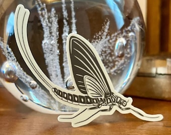 Monochrome Mayfly Sticker: Olive & Black Vinyl, Weather Resistant