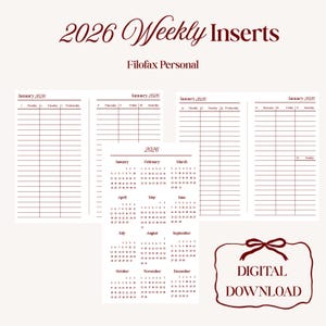 May include: Cream-colored planner inserts with the text "2026 Weekly Inserts" and "Filofax Personal." The inserts include weekly layouts and a 2026 calendar. A digital download graphic is also present.