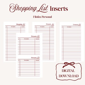 May include: White shopping list inserts with burgundy lines and text. The inserts include "Shopping List," "Present List," and "Grocery List" templates. The image also includes the text "Shopping List Inserts," "Filofax Personal," and "DIGITAL DOWNLOAD."