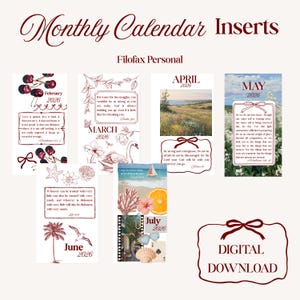 Pode incluir: Inserções de calendário mensal para planejadores Filofax Personal. As inserções apresentam designs para fevereiro, março, abril, maio, junho e julho de 2026. Cada inserção inclui elementos decorativos, citações inspiradoras e o texto "DOWNLOAD DIGITAL".