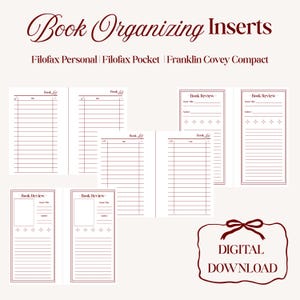 Puede incluir: Descarga digital de insertos de organización de libros para agendas Filofax Personal, Filofax Pocket y Franklin Covey Compact. Incluye listas de libros y plantillas de reseñas de libros con un borde burdeos.