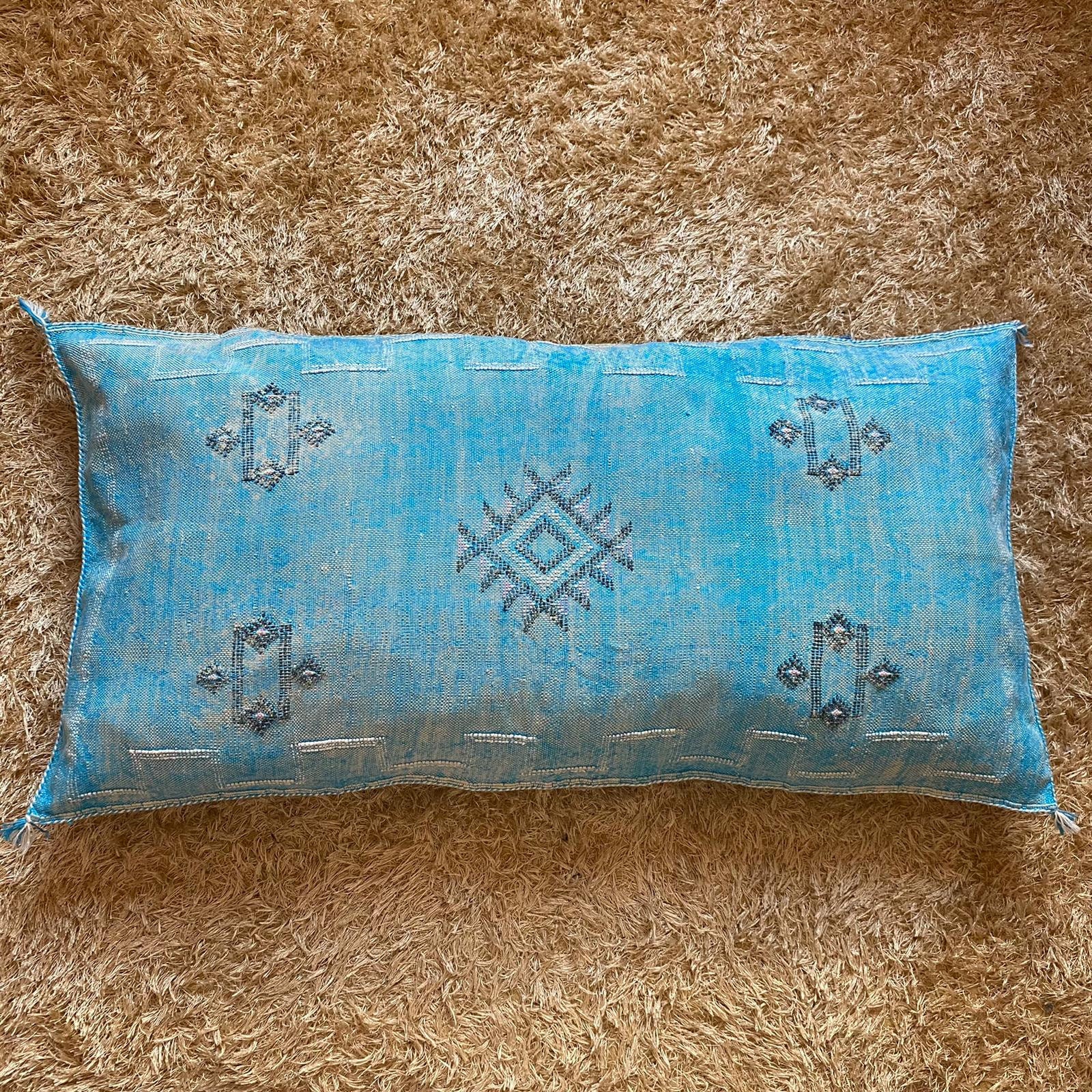 Long Bleu Turquoise Marocain Berbère Sabra Oreiller Fait Maison Décor Cactus Soie