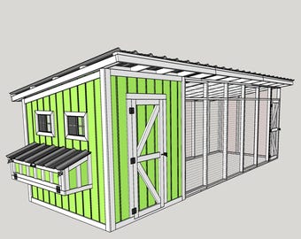 May include: A green wooden chicken coop with a large fenced-in run. The coop has a nesting box, a door, and two windows. The run is made of wire mesh and has a roof.