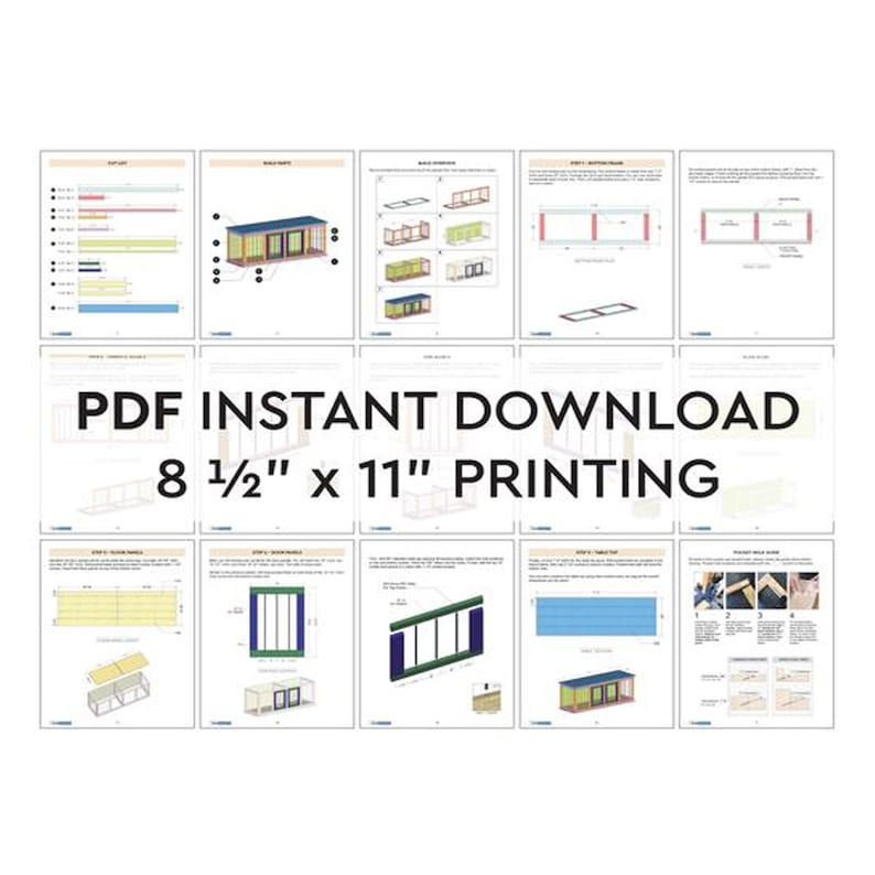 Op de afbeelding: Een PDF-instant download voor een 8 1/2" x 11" printbare plan om een kleine schuur te bouwen. Het plan bevat gedetailleerde instructies en diagrammen voor elke stap van het bouwproces.