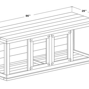 Op de afbeelding: Een houten schuur met een scharnierende deur en een plat dak. De schuur is 86 inch breed, 29 inch diep en 32 1/2 inch hoog.