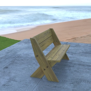 May include: A wooden bench with a simple design, made of natural wood planks. The bench is positioned on a concrete surface with a beach and ocean in the background.