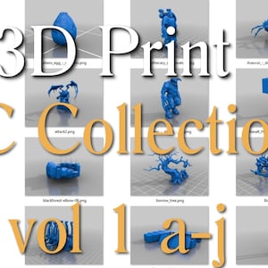 Op de afbeelding: Een verzameling 3D-geprinte modellen, waaronder een blauw ei, een blauw wezen met vleugels, een blauwe krijger, een blauwe boom en een blauw wezen met een zwaard. De tekst "3D Print CC Collection vol 1-a-j" wordt weergegeven op de afbeelding.