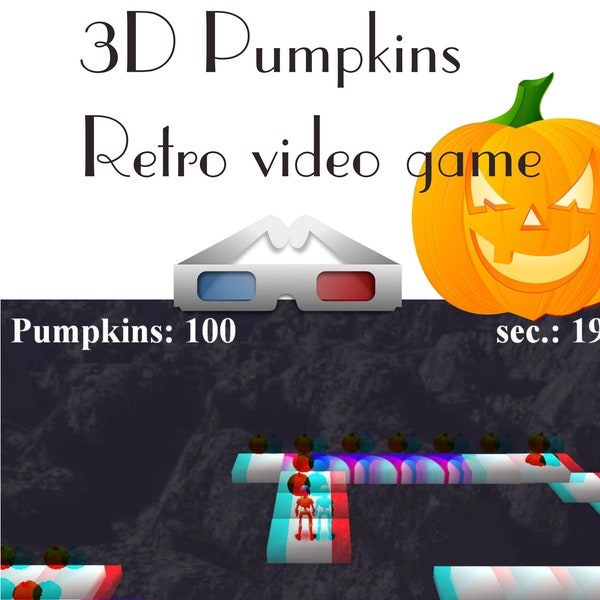 3D Retro Game - Pumpkins 3D stereoscopic anaglyph PC video game. Retro mini platformer