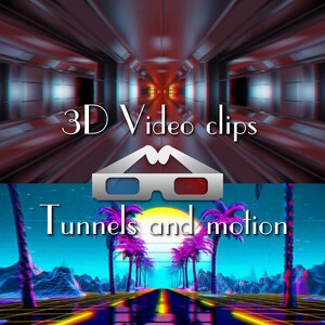 May include: 3D video clips of tunnels and motion. The image shows a 3D tunnel with a bright light at the end. The text "3D Video Clips" is in the foreground. Below the tunnel is a 3D image of a road with palm trees on either side. The text "Tunnels and Motion" is in the foreground.