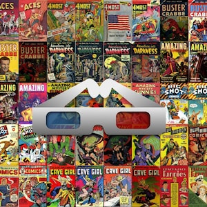 Puede incluir: Un collage de portadas de cómics vintage que presentan una variedad de géneros, incluyendo aventuras, misterio e historias de superhéroes. Las portadas son coloridas y presentan letras en negrita e ilustraciones. Un par de gafas 3D está colocado en el centro de la imagen.