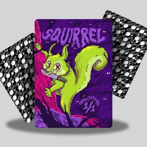 May include: A vibrant card featuring a lime green squirrel with a knife, set against a purple background with the word "SQUIRREL". The card is flanked by two black and white cards with a repeating cat design. "TOKEN CREATURE 2/1" is also visible.