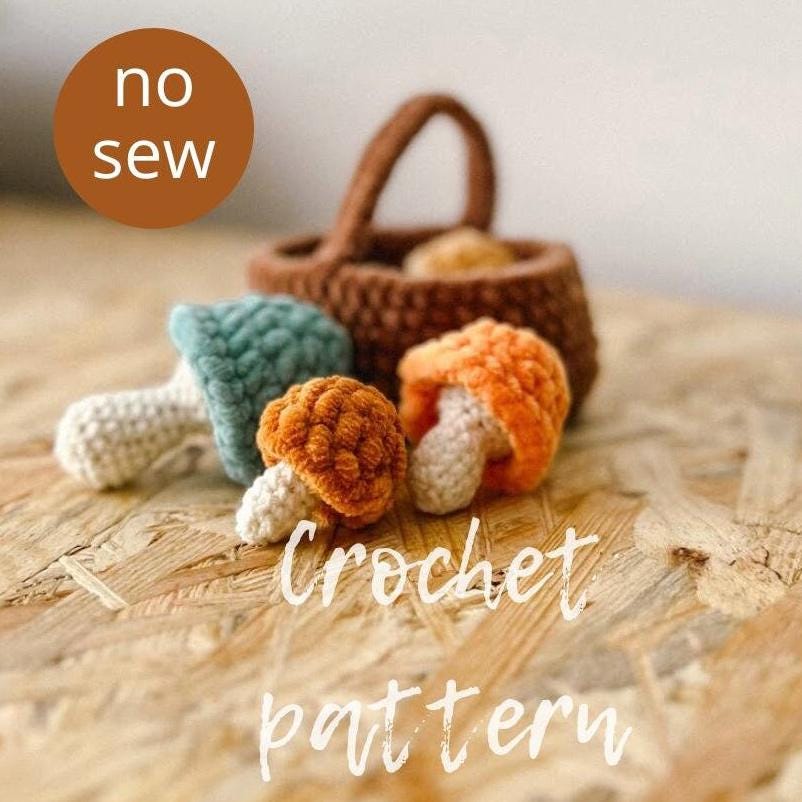 3 sizes of mushrooms crochet pattern, basket of mushrooms PDF
