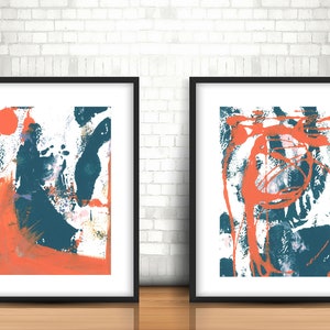 Arte abstracto de 2 piezas - Verde azulado, naranja y blanco - Impresiones de bellas artes y lienzo Arte de pared - Nuetral Abstract Art - Díptico 2 piezas de arte de pared