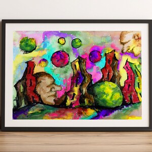 May include: Abstract watercolour painting of a city with colourful buildings, a green tree, and a human face. The sky is filled with pink, purple, and blue orbs.