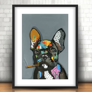 French Bulldog Art con sigaro - French Bulldog Gifts- French Bull Dog Fine Art Prints su tela o carta - Colorato con motivi