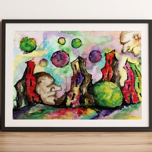 May include: Watercolour painting of a whimsical cityscape with colourful buildings, a large green bush, and a floating head. The sky is filled with colourful orbs and a cloud.