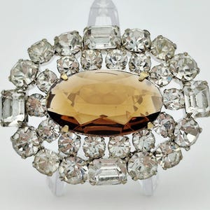Brooch Pin Oval Brown White Clear Rhinestones Vintage Jewelry 1960s USSR Czech