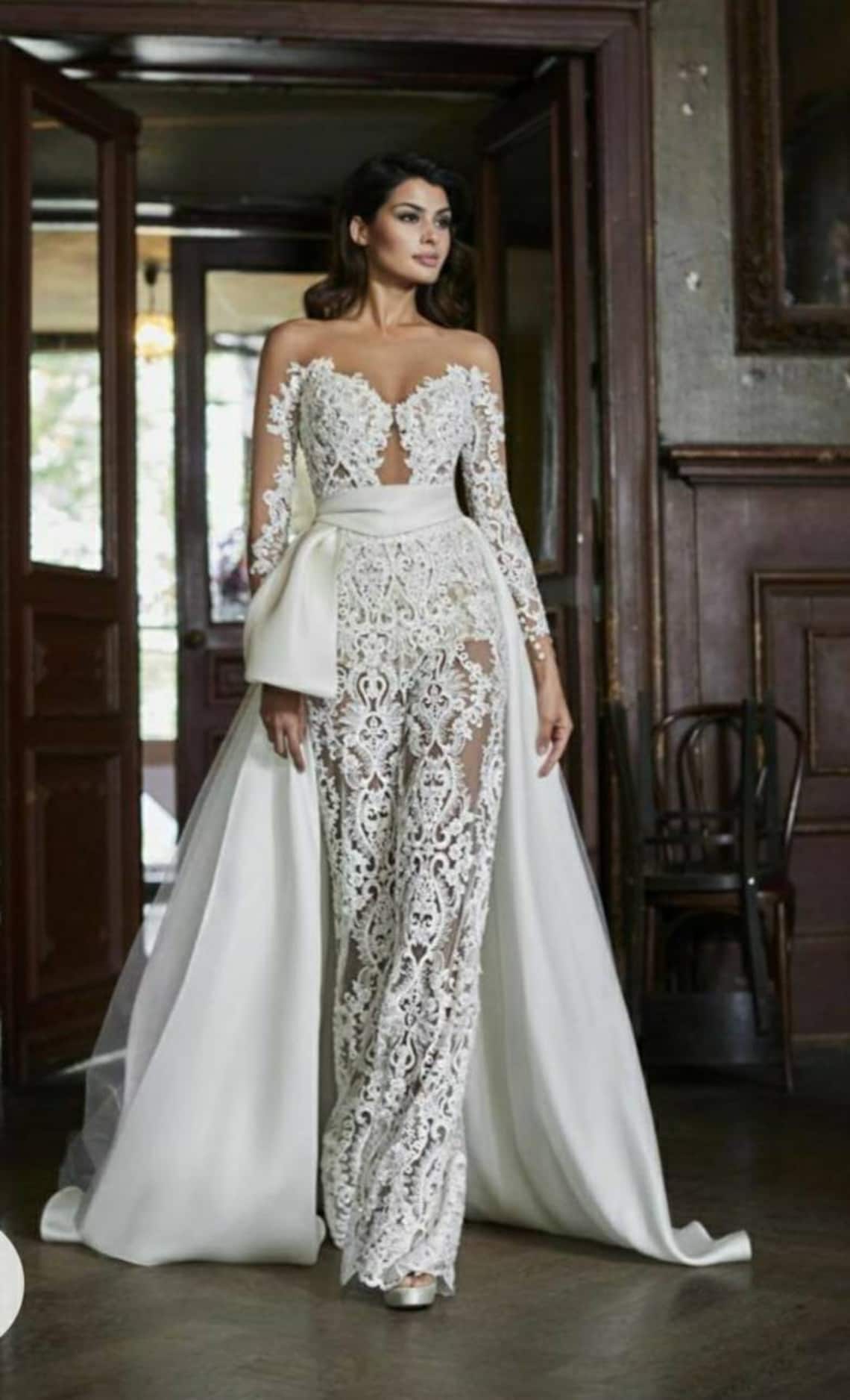 White bridal dress/prom lace jumpsuit with detachable Etsy