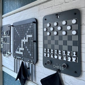 Wall game set; Magnetic  Scrabble,  2 in1 Chess and Checkers , Tic Tac Toe , Dark grey Metal & Wood.