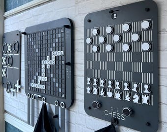 Wall game set; Magnetic  Scrabble,  2 in1 Chess and Checkers , Tic Tac Toe , Dark grey Metal & Wood.