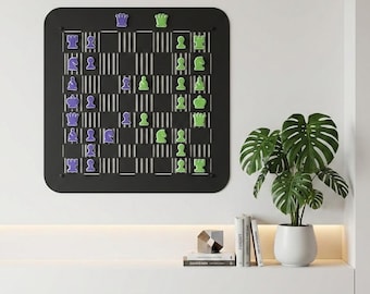 Wall Mounted Magnetic Chess Set | Carbon Steel Board, Purple Green Pieces (50x50cm)