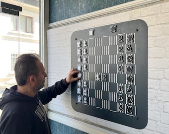Magnetisch schaakspel voor wandmontage | Schaakbord van koolstofstaal, zwart-witte stukken (50 x 50 cm)