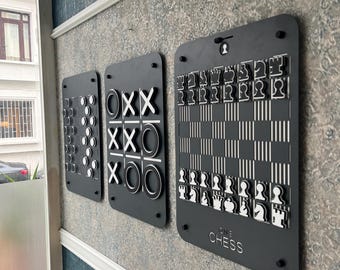 Wall Game set -Chess - XOX - Checkers : Dark Gray Metal, Black and White Pieces