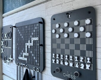 Juego de pared -XOX- Ajedrez/Damas (2 en 1) - Juego de palabras: Metal gris oscuro, piezas blancas y negras