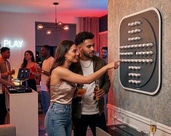 Juego de mesa solitario magnético con clavijas / Modelo OMO / 60x60 cm / pulO Wall Games / Juego de estrategia individual en blanco brillante y metal / Piezas blancas