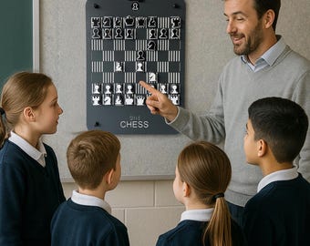 Chess training board -wall chess- XOX - Checkers : Dark Gray Metal, Black and White Pieces