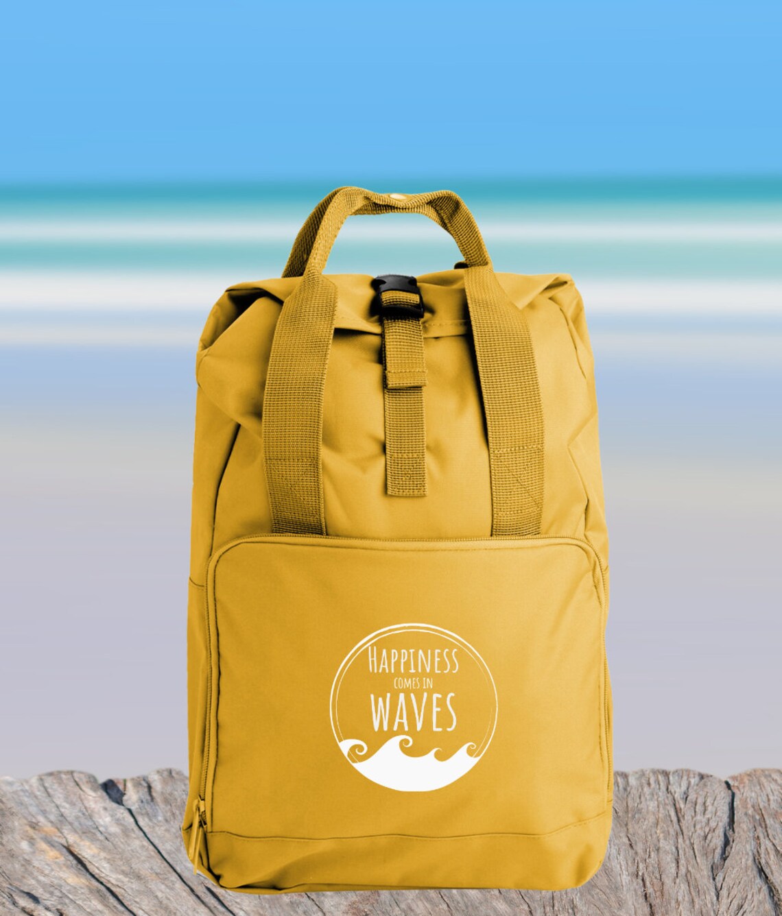 Beach Backpack, Beach Bag, Happiness Comes in Waves Roll-top Backpack ...