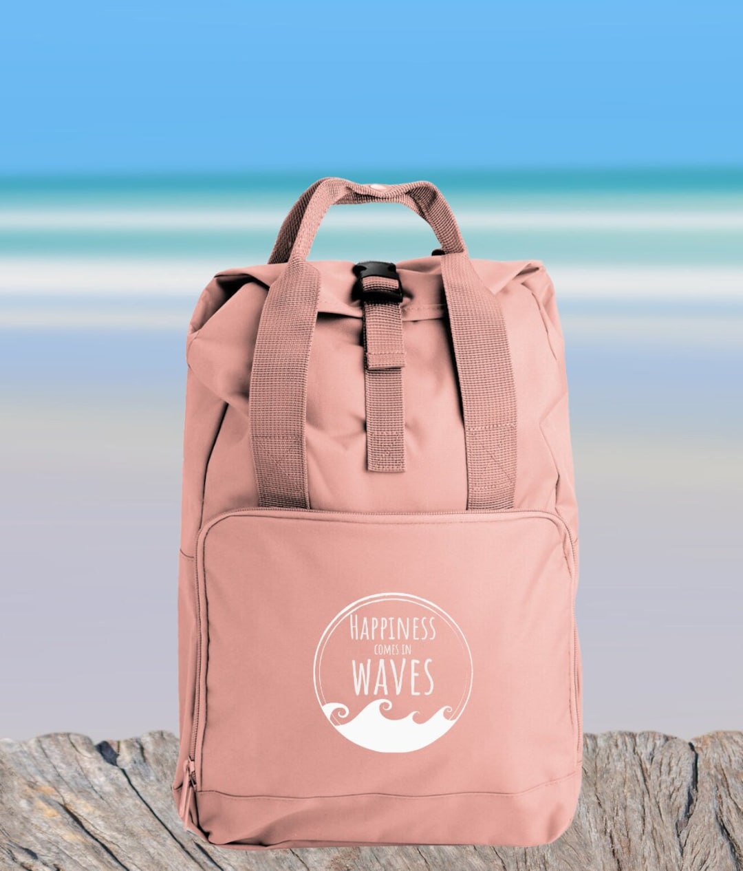 Beach Backpack, Beach Bag, Happiness Comes in Waves Rolltop Backpack