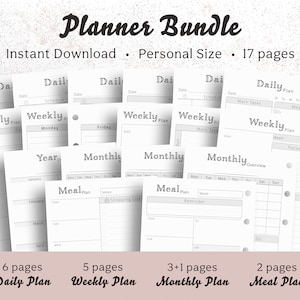 Può includere: Un pacchetto di pianificatori con il testo "Planner Bundle" e "Download istantaneo". Il pacchetto include pagine di pianificazione giornaliera, settimanale, mensile e dei pasti. Le pagine sono bianche con testo nero.