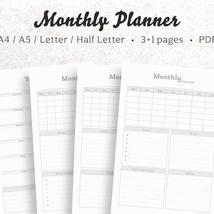 IMPRIMIBLE Plantillas de planificador mensual Filofax A5 Organizador Kikki K Planificador grande A4 A5 US Carta y medio tamaño Inserciones de planificador imprimible • PDF