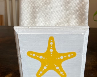 Coastal Napkin Holder: White Wood with Starfish Decal
